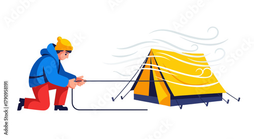 Struggling With Tent In The Wind Against A Black Background Illustration