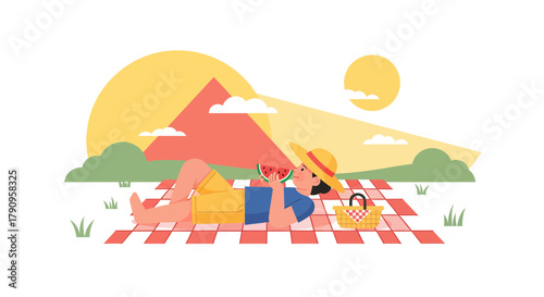 Summer Relaxation And Leisure Enjoyment Of Eating Watermelon And Sunbathing Under The Sun