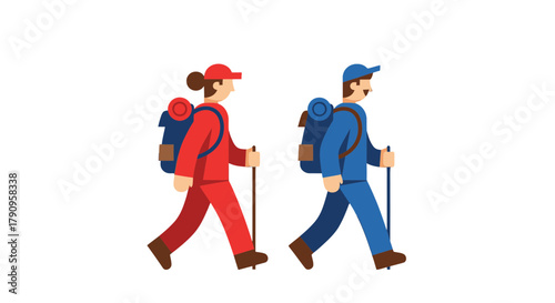 Stylized Hikers Explore With Backpacks, Hiking Sticks, On Black Background