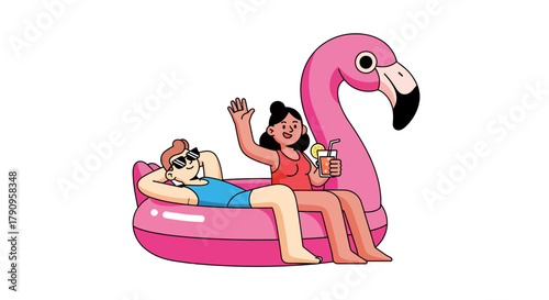 Summer Relaxation And Fun: A Couple On A Flamingo Float Enjoying The Holiday