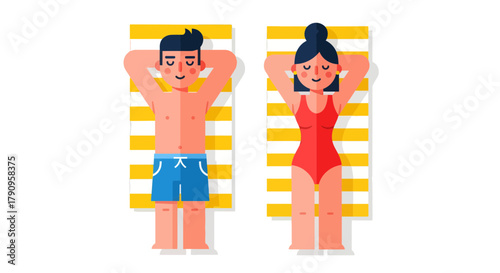 Summer Relaxation: Couple Enjoying Sunshine on Beach Towels With Flat Vector Illustration