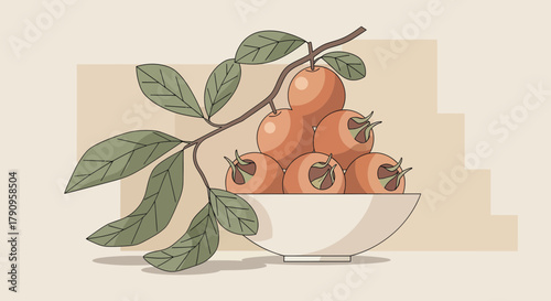 Stylized Medlars Fruit in a White Bowl with Branch and Leaves Botanical Illustration