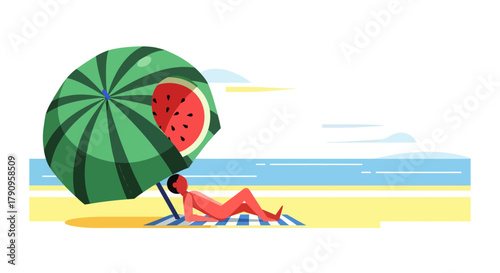 Summer Relaxation Scene Depicting Person Enjoying The Shade Under a Watermelon-Themed Umbrella