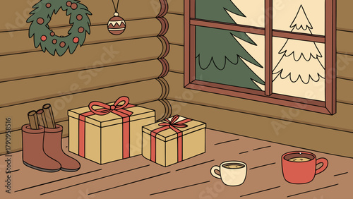 Christmas scene in a log cabin with gifts, boots, mugs, a wreath and a christmas tree view