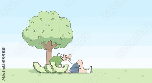 Summer Relaxation Under The Shade Of A Tree With Sweet Melon For Refreshment