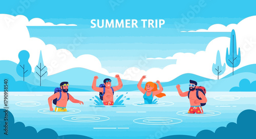 Summer Adventure: Friends' Joyful Aquatic Exploration in a Scenic Landscape