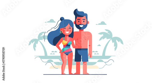 Summer Bliss Couple Enjoys Beach Vacation With Palm Trees And Coastal Views