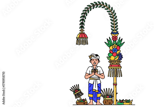 Balinese man performs a Day Galungan ceremony presenting offerings with fruit and flowers Vibrant colors and traditional attire create a festive scene Suitable for cultural and travel themes