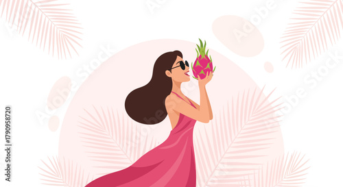 Summer Bliss: A Woman Relishing a Dragon Fruit Under Dreamy Palm Fronds