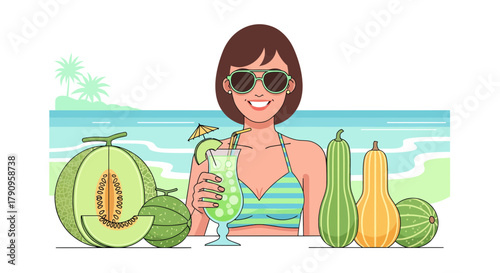 Summer Bliss: Woman Enjoying a Tropical Drink and Refreshing Melon on the Beachfront