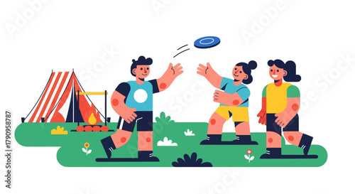 Summer Campers Enjoying Disc Golf, Camping, Bonfire Fun and Outdoor Activities