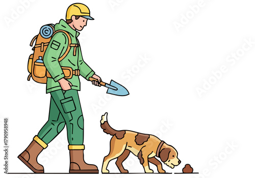 A determined truffle hunter, accompanied by his dog, explores a forest landscape.  He uses a shovel, ready for the hunt.  Detailed illustration, vibrant colors.