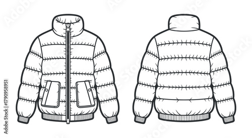 Isolated Vector Graphic of Trendy Puffer Jacket Fashion Design Template Front and Back View Perfect for Creating Clothing Designs and Style Guides