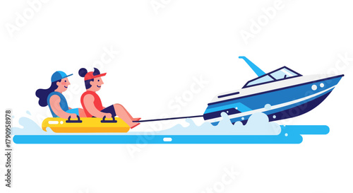 Summer Fun: A Thrilling Ride on a Waterskiing Tube Pulled By a Speedboat