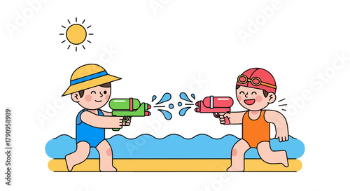 Summer Fun: Animated Illustration of Children Enjoying a Water Gun Fight in a Pool