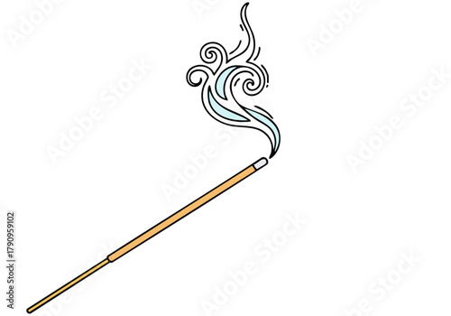 minimalist illustration depicts a lit matchstick releasing incense smoke labeled 'Smoke Prayer' Clean lines and a soft blue background create a serene modern aesthetic