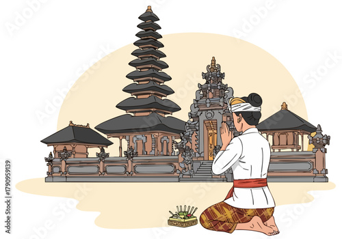 serene illustration depicts a woman praying before a Balinese temple at sunrise  Warm colors and a stylized aesthetic create a peaceful and culturally rich image