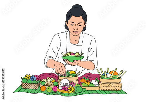 A serene woman offers a traditional fruit and flower arrangement. Vibrant colors and detailed props showcase a cultural ritual.  Ideal for lifestyle and wellness themes.