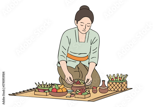 A serene woman performs Galungan offering, presenting fruits and pottery on a woven mat. Traditional Balinese culture, peaceful scene, vibrant colors.