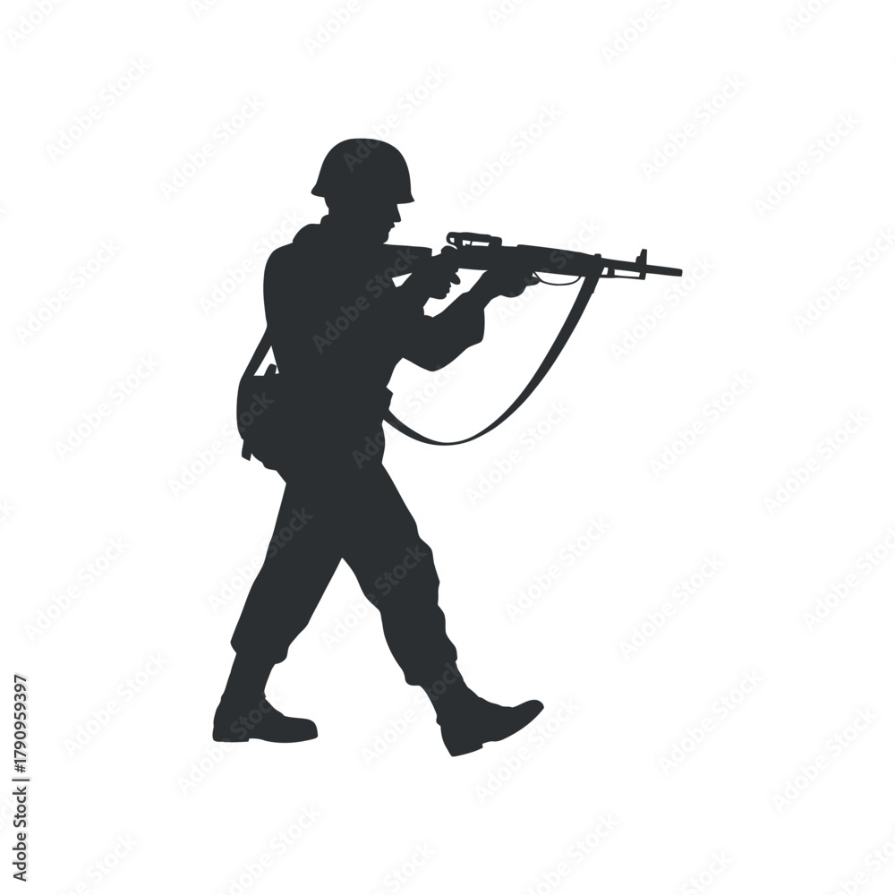Fototapeta premium Silhouette of a Soldier Walking and Holding a Rifle Aiming in Military Uniform