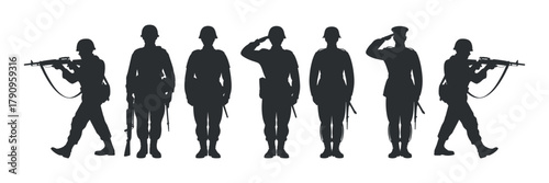 Set of Black Silhouettes American Soldiers in Action and Standing with Rifle Weapon and Saluting Vector Illustration for Decoration and Design