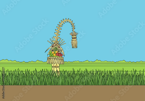 stylized illustration depicts a field penjor a traditional Balinese offering against a green landscape The vibrant design showcases cultural heritage and tropical scenery