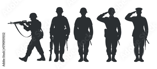 Group of Black Silhouettes Soldiers in Action Standing with Weapon and Saluting Vector Illustration for Decoration on Transparent Background