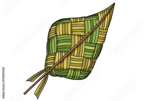 stylized illustration showcases -Leaf Weave Art- a woven leaf shape secured with a wooden stick The design features a vibrant green and yellow weave