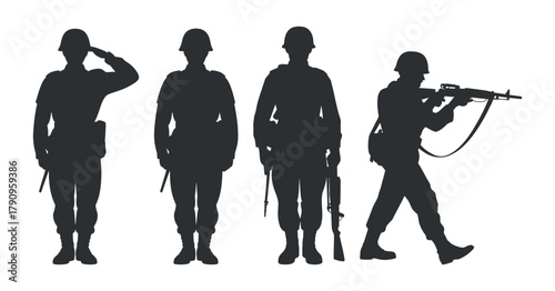 Black Silhouettes Soldiers in Action and Standing with Weapon and Saluting Vector Illustration for Decoration and Design on White Background