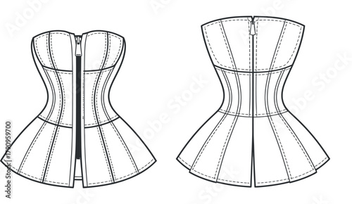 Vector Graphic of Trendy Corset Dress Fashion Design Template Front and Back View Perfect for Fashion Design Style Guide Projects Isolated on White Background