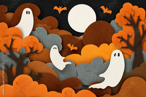 Whimsical 3D paper-cut Halloween scene with cute white ghosts, pumpkins, autumn leaves, and a glowing moon in warm fall colors. Perfect for seasonal art, cards, and festive design projects.