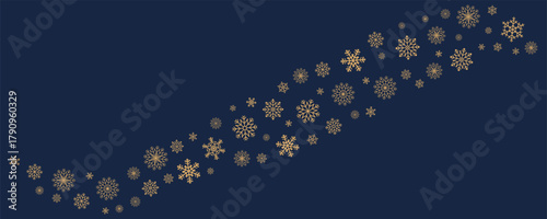 Curved arc made of gold snowflakes on dark background. Elegant winter ornament for seasonal greeting cards, invitations, packaging and festive design