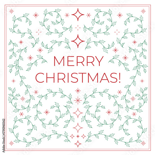 Minimalist Christmas card with Merry Christmas lettering framed by red and green holly branches and star ornament on white background, perfect for festive design and holiday greetings