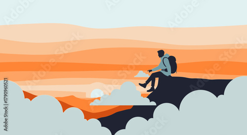 Silhouette Of Hiker Relaxing On Rock, Contemplating Sunset And Overlooking Mountainous Area