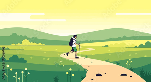 Silhouette Of Hiker Traversing A Picturesque Landscape In The Green Fields, Traveling
