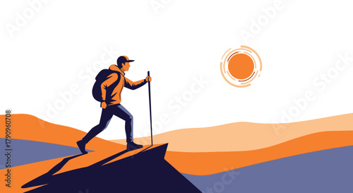 Silhouette Of Hiker Traversing Mountainous Terrain During a Sunny Day Adventure