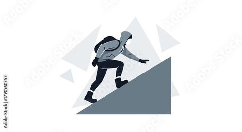 Silhouette Of Adventurer Climbing Up A Steep Slope: Vector Illustration Of Determination