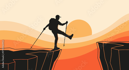 Silhouette Of Adventurer Hiking Across Desert Cliffs At Sunset With Trekking Poles