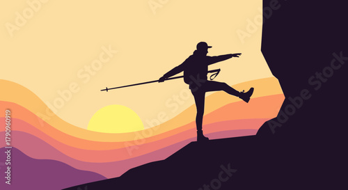 Silhouette Of Adventurer Hiking Ascending a Mountain Peak at Sunset Achieving a Balance