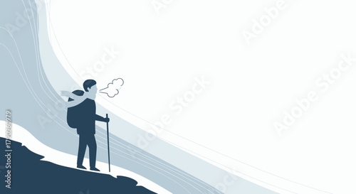 Silhouette Of Adventurer Hiking In Snowy Landscape With Hiking Pole And Backpack