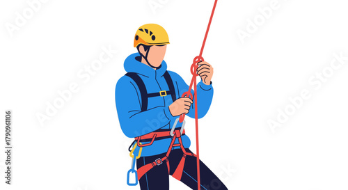 Skilled Climber Preparing Ropes And Equipment For Rock Climbing Adventure Illustration