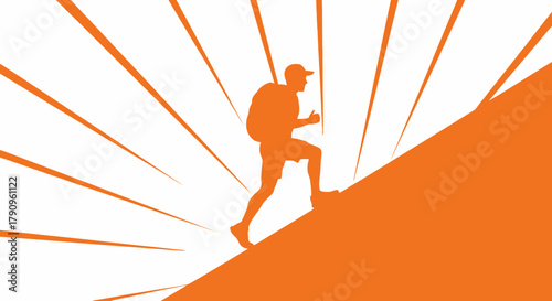 Silhouette Of Adventurous Hiker Ascending a Steep Slope, Illuminated With Sunrise Rays