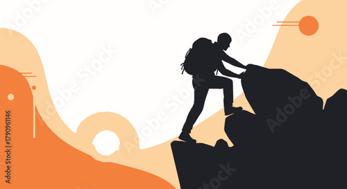 Silhouette Of Adventurous Hiker Climbing Rock Face Against Orange And White Background