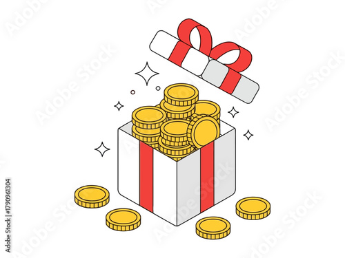 A gift box overflowing with gold coins symbolizes wealth and prosperity.