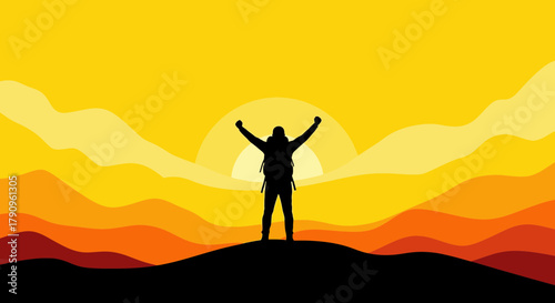 Silhouette Of Enthusiastic Hiker Expressing Joy At Sunset Against The Warm Sky