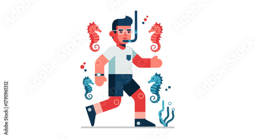 Snorkeler Chasing Seahorses With Underwater Gear Against A Dark Background