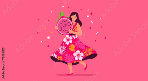 Smiling Tropical Woman Embracing a Dragon Fruit, Joyfully Celebrating in a Pink Hue