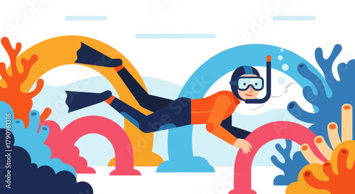 Snorkeler Exploring The Amazing Colorful Marine Life With Stunning Decorative Elements