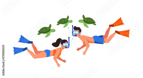 Snorkelers Encountering Sea Turtles Underwater: A Vibrant Vector Illustration for Adventure