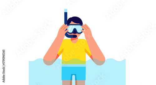 Snorkeler Prepares For Underwater Adventure In The Deep Blue Ocean With Equipment Ready